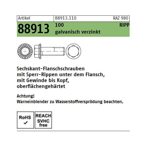 Sechskant-Flanschschrauben 88913 - Sperr-Rippen - verzinkt FK100