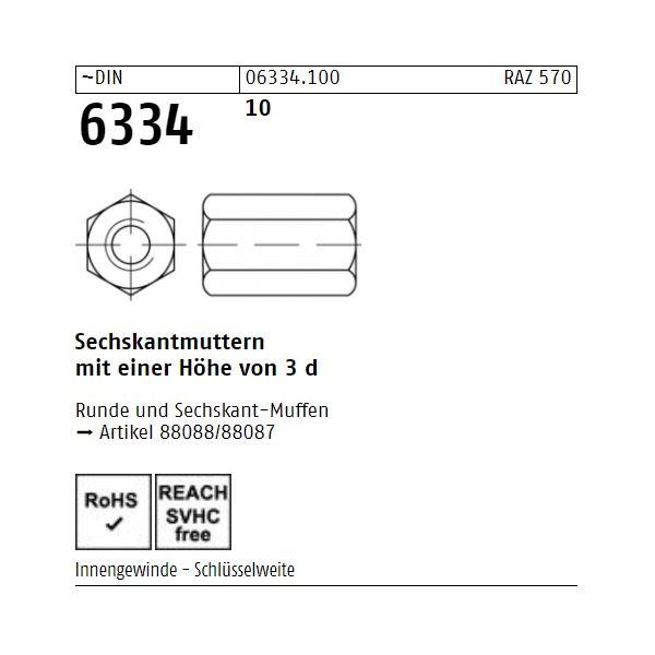 DIN 6334 Sechskantmuttern - Stahl 10 - Form B - h 3d