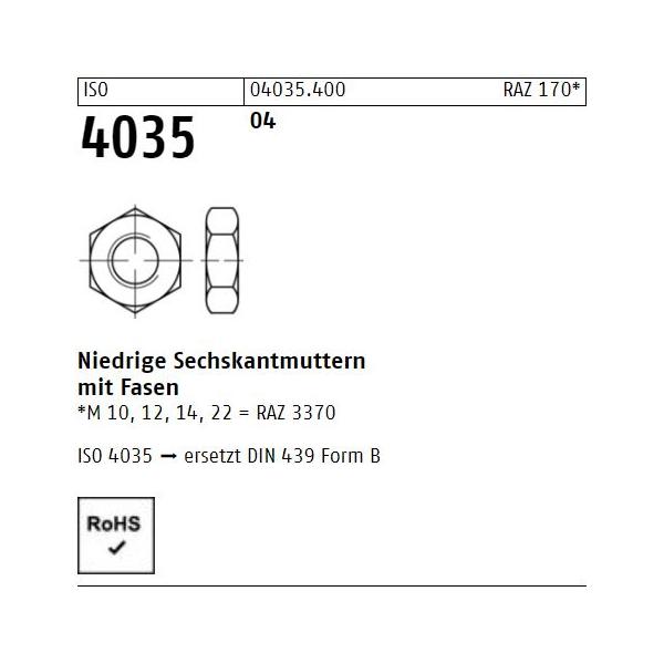 ISO 4035 Sechskantmuttern - Stahl 04 - Form B