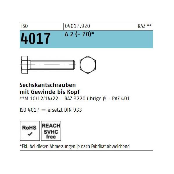 Sechskantschrauben ISO 4017 - Sechskantkopf - Vollgewinde - A2