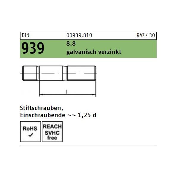 DIN 939 Stiftschrauben - verzinkt 8.8
