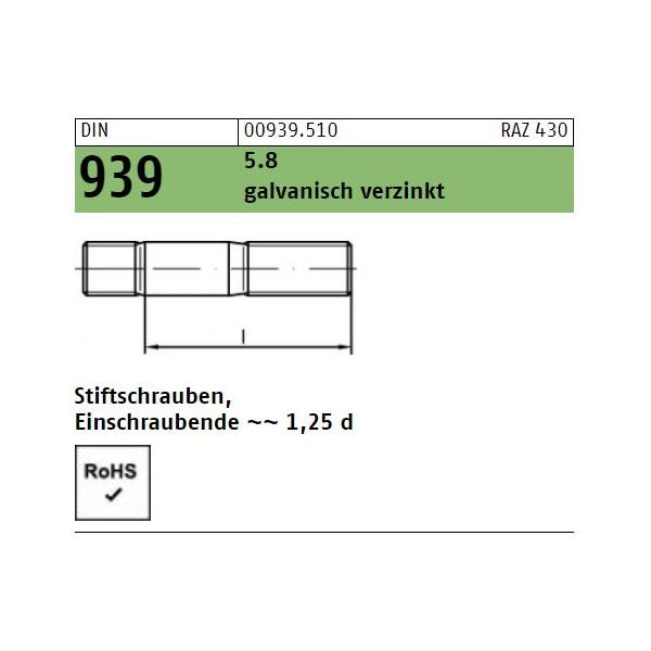 DIN 939 Stiftschrauben - verzinkt 5.8