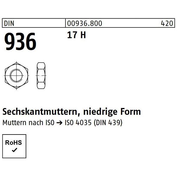 Sechskantmutter DIN 936 - niedrige Form - Stahl blank 17H