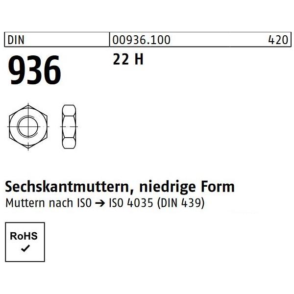 Sechskantmutter DIN 936 - niedrige Form - Stahl blank 22H
