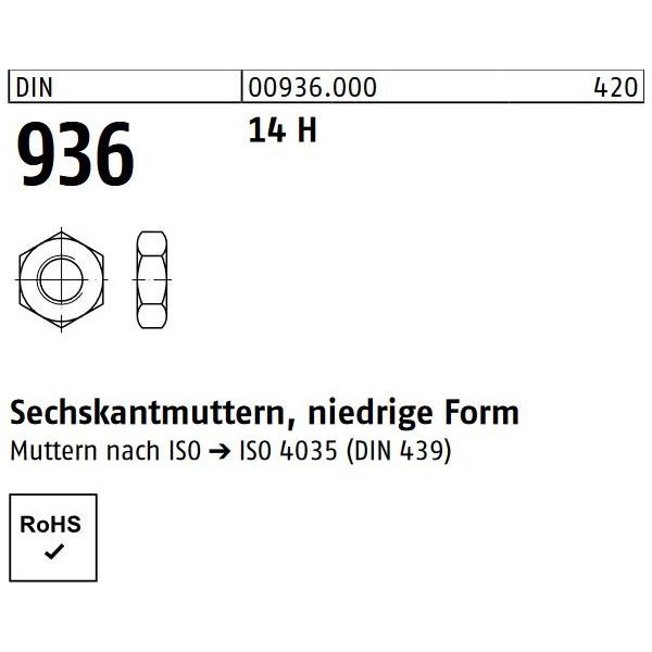 Sechskantmutter DIN 936 - niedrige Form - Stahl blank 14H