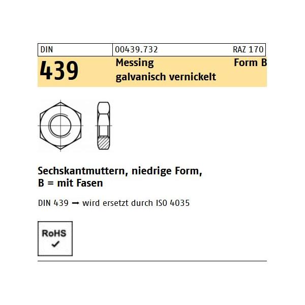 DIN 439 Sechskantmuttern - Messing - vernickelt - Form B