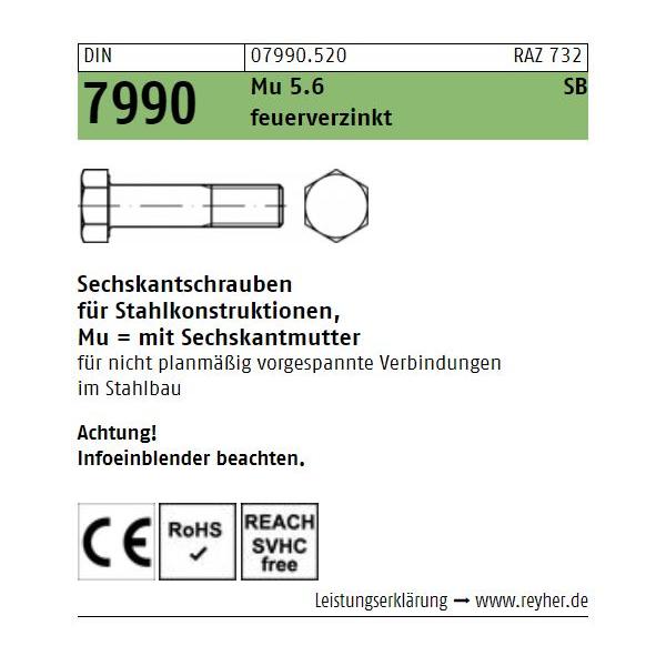 Sechskantschrauben - DIN 7990 - für Stahlbau - m. Mutter - feuerverzinkt 5.6