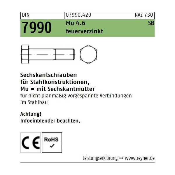 Sechskantschrauben - DIN 7990 - für Stahlbau - m. Mutter - feuerverzinkt 4.6