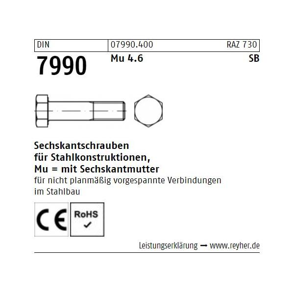 Sechskantschrauben - DIN 7990 - für Stahlbau - m. Mutter - stahl blank 4.6