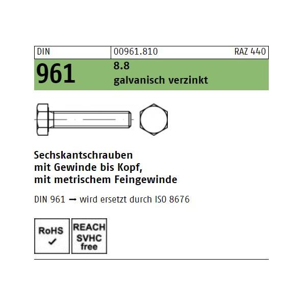Sechskantschrauben DIN 961 - Vollgewinde - Feingewinde - verzinkt 8.8
