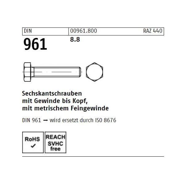 Sechskantschrauben DIN 961 - Vollgewinde - Feingewinde - Stahl blank 8.8