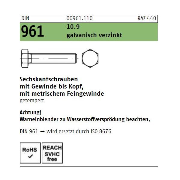 Sechskantschrauben DIN 961 - Vollgewinde - Feingewinde - verzinkt 10.9