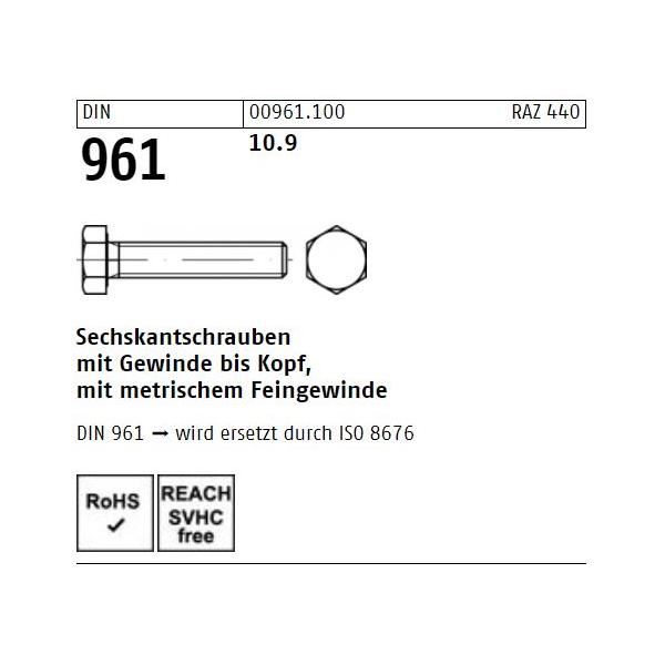 Sechskantschrauben DIN 961 - Vollgewinde - Feingewinde - Stahl blank 10.9