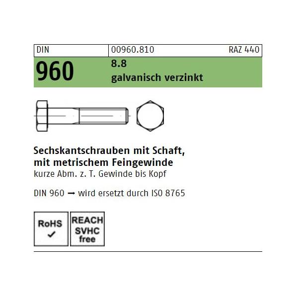 DIN 960 Sechskantschrauben - verzinkt 8.8 - TG - Feingewinde