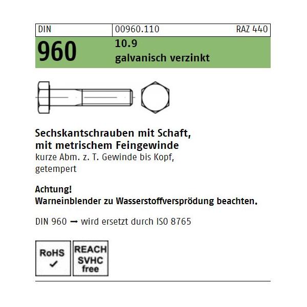 DIN 960 Sechskantschrauben - verzinkt 10.9 - TG - Feingewinde