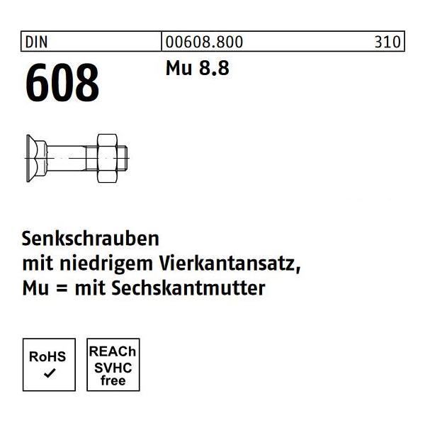 Senkkopfschrauben DIN 608 - niedrigen Vierkantansatz u. Mutter - Stahl 8.8