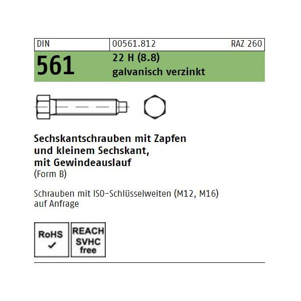 Sechskantschrauben DIN 561B - kl. Sechskantkopf - Vollgewinde - Zapfen - verzinkt