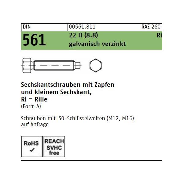 Sechskantschrauben DIN 561 - kl. Sechskantkopf - Vollgewinde - Zapfen - verzinkt 8.8