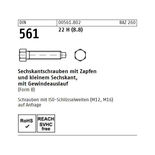 Sechskantschrauben DIN 561B - kl. Sechskantkopf - Vollgewinde - Zapfen - Stahl 8.8