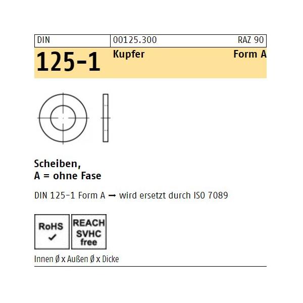 Unterlegscheiben DIN 125 - Form A - ohne Fase - Kupfer