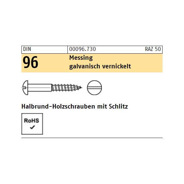 Holzschrauben DIN 96 - Halbrundkopf - Schlitz - Messing vernickelt