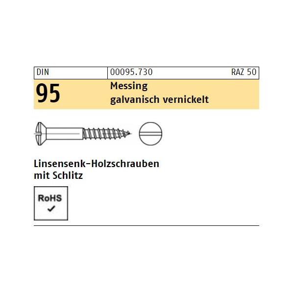 Holzschrauben DIN 95 - Linsensenkkopf - Schlitz - Messing vernickelt