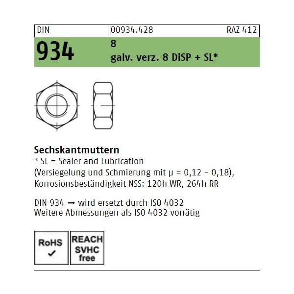 DIN 934 Sechskantmuttern Stahl 8 - verzinkt - DiSP + SL