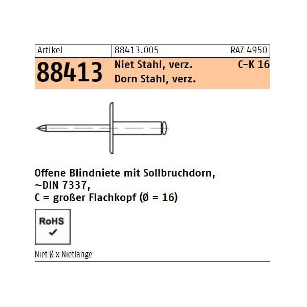 Blindniete DIN 7337 - Großer Flachkopf (Ø = 16)  - Stahl verz./ Stahl verz. - offen mit Sollbruch