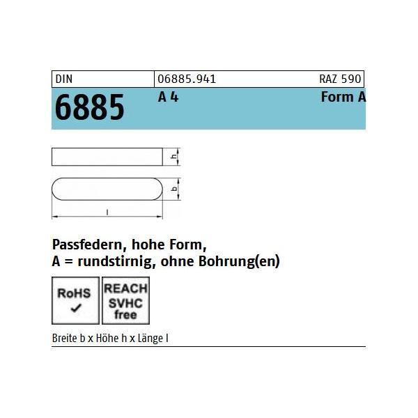 Passfedern DIN 6885 - rundstirnig ohne Bohrung - Edelstahl A4