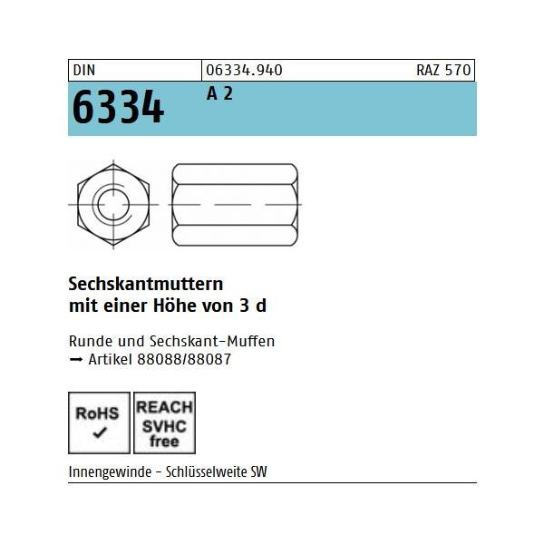 DIN 6334 Sechskantmuttern - A2 - Form B - h 3d