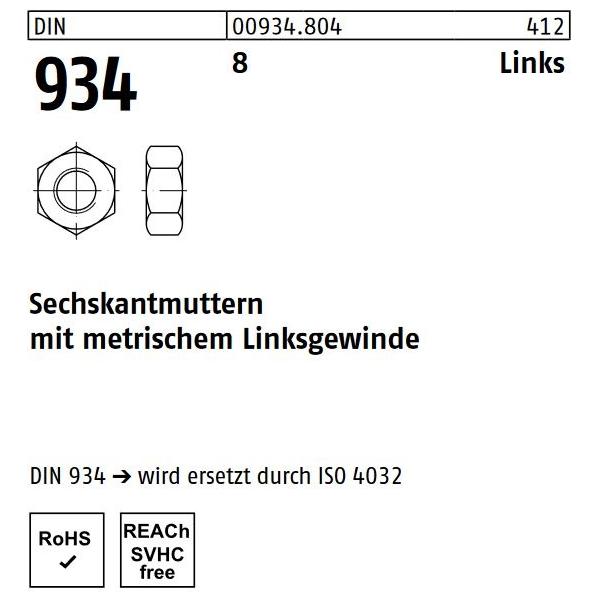 DIN 934 Sechskantmuttern Stahl 8 - Linksgewinde