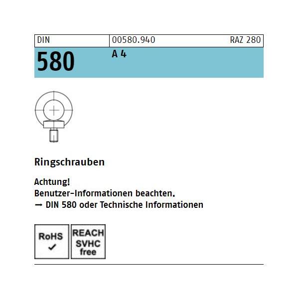 Art 580 - Ringschrauben A4  / M 6 // 25 Stück